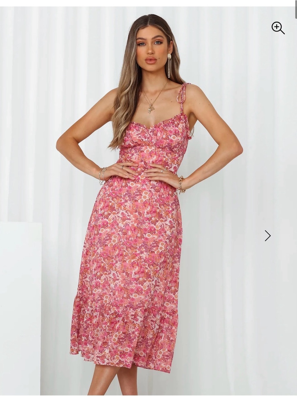 KAITLYN MIDI DRESS PINK Floral Dress with Spaghetti Straps